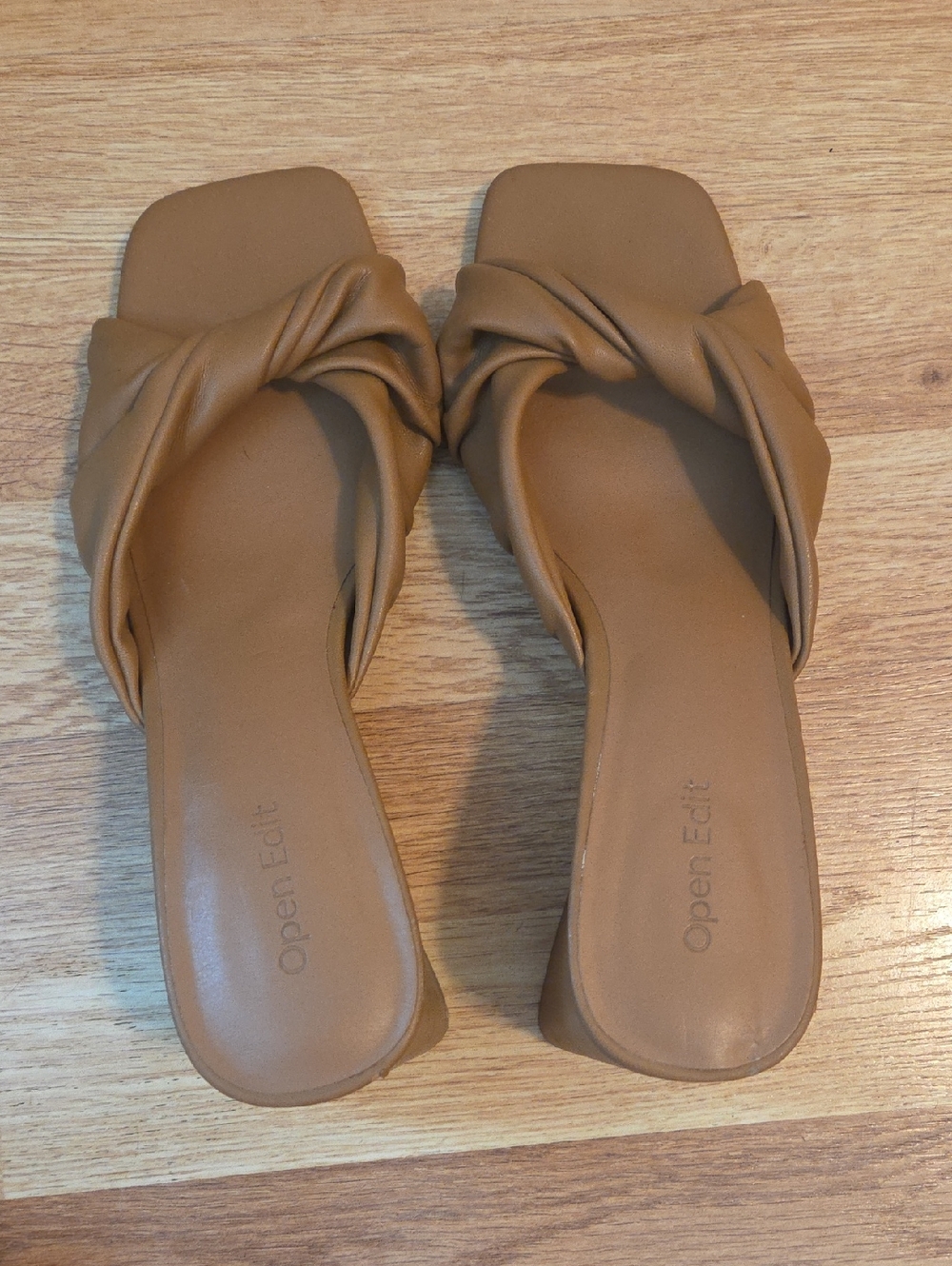 Open Edit Tan Knot Slide Heels